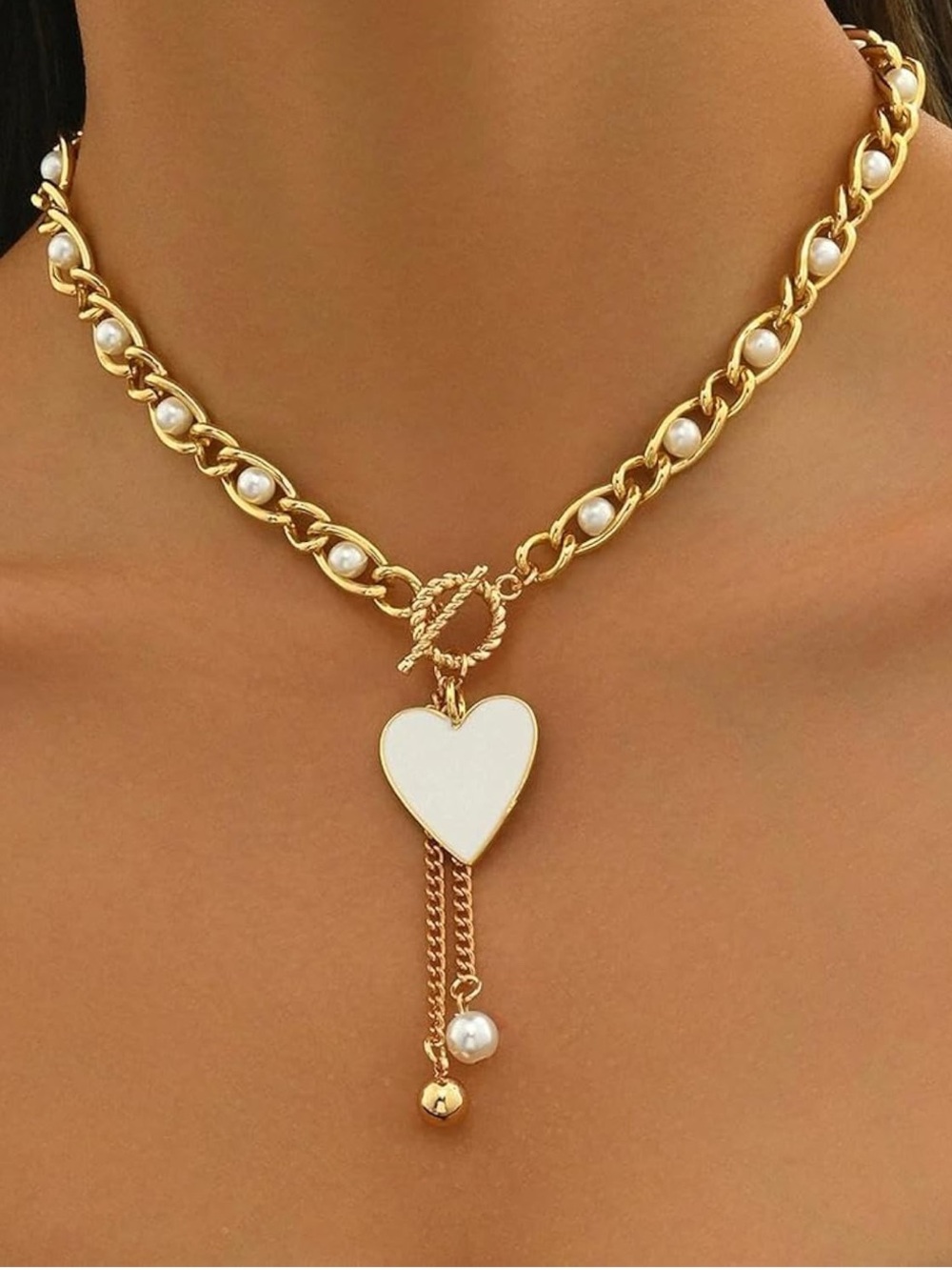 Anthropologie Gold Chain Necklace with White Heart Pendant and Pearls